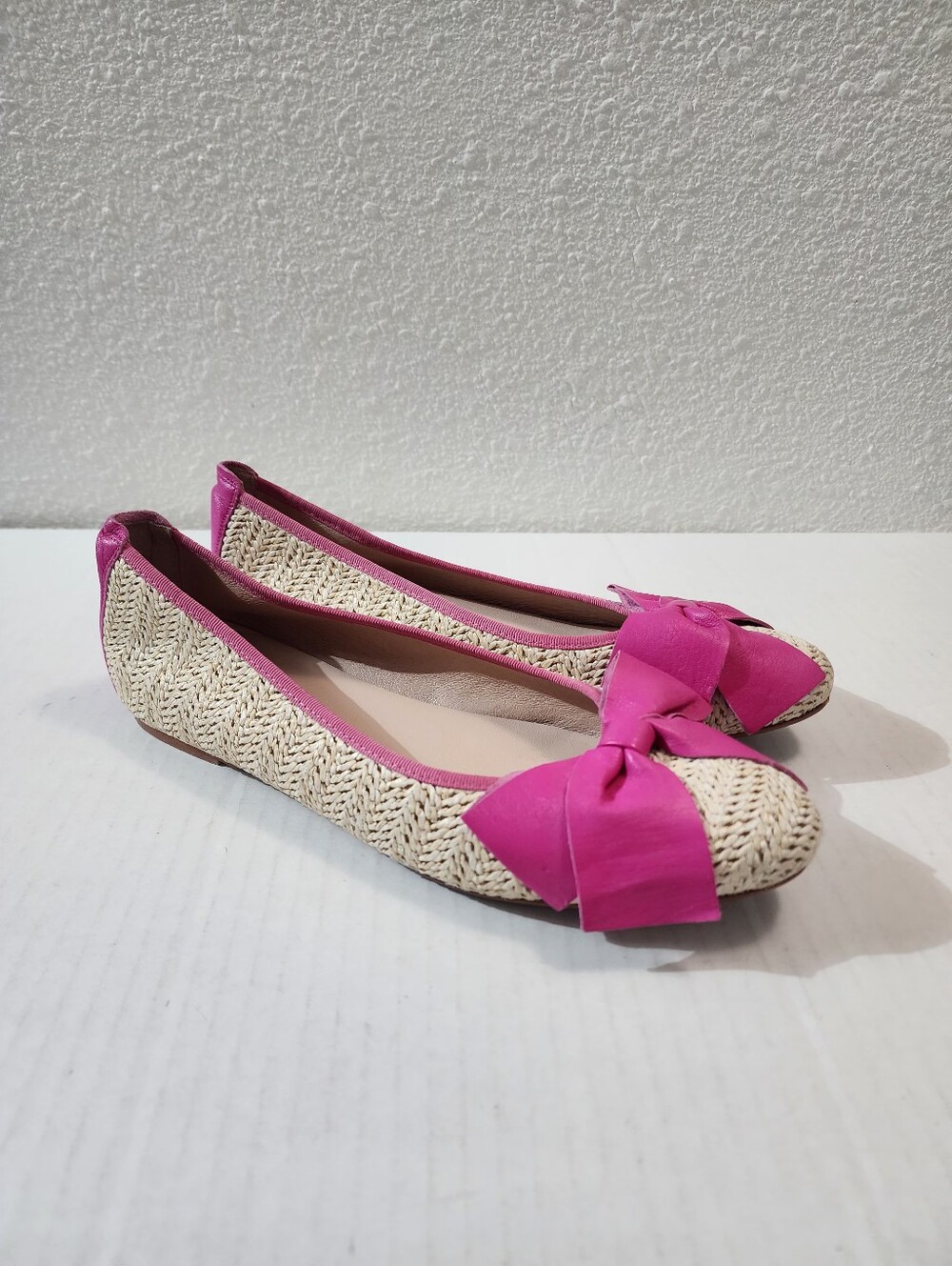 Patricia Green St Tropez Raffia Ballet Flats Fuchsia Leather Bow Women's Size 9